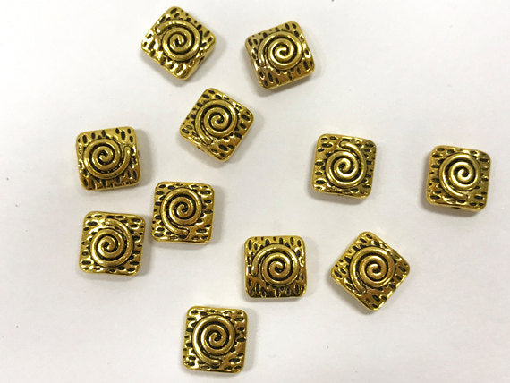 30 Pc Square Scroll Swirl Bead 10mm Antique Gold Finish, 10mm square gold flat beads, -PBF359 - BeadPrism