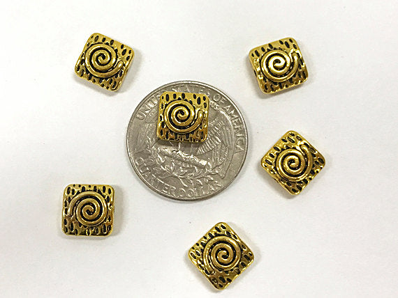 30 Pc Square Scroll Swirl Bead 10mm Antique Gold Finish, 10mm square gold flat beads, -PBF359 - BeadPrism