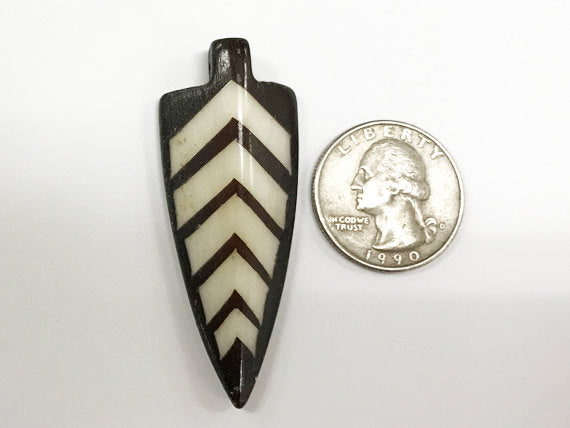 3Pc Batik Bone Arrowhead 2.25" Brown white cream Arrowhead Chevron Batik Bone -B153-3 - BeadPrism