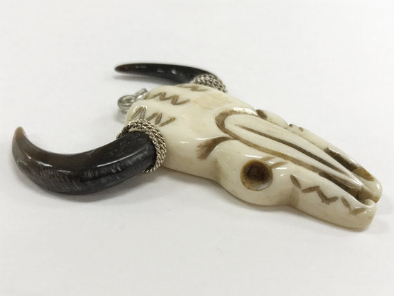 Cattle Skull Head, Longhorn Bone Pendant, Hand Carved longhorn cattle pendants 2.25" - B149 - BeadPrism