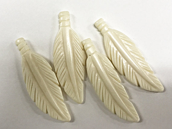 2 Pc White Carved Bone Feather Pendants or Earrings, 2.5 Inch, Tribal, Native American - B150-2 - BeadPrism