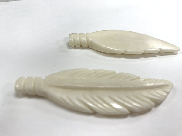 2 Pc White Carved Bone Feather Pendants or Earrings, 2.5 Inch, Tribal, Native American - B150-2 - BeadPrism