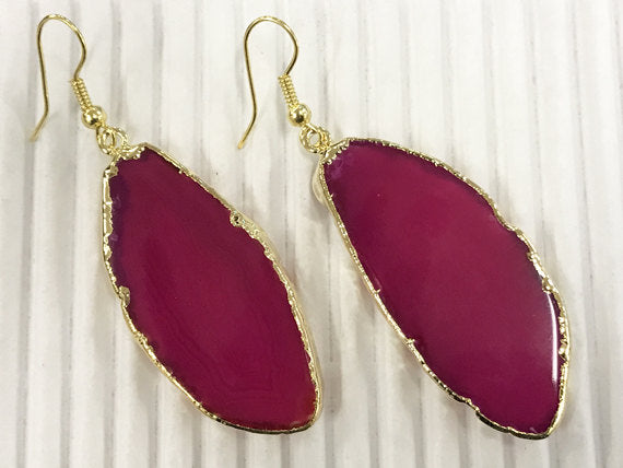 Fuchsia Earrings, Agate Slice Earrings, 14K Gold Filled Earwires, Gold Edged Agate Earrings - E102 - BeadPrism