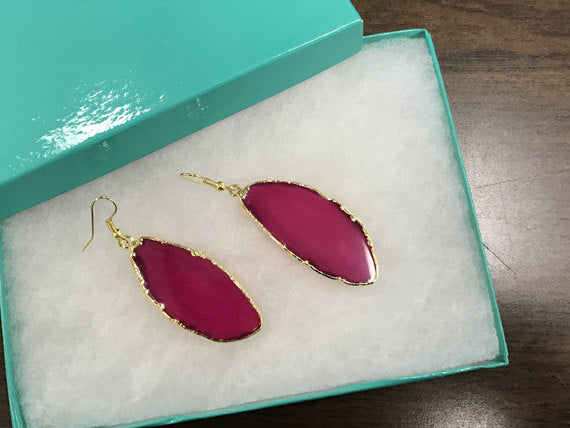 Fuchsia Earrings, Agate Slice Earrings, 14K Gold Filled Earwires, Gold Edged Agate Earrings - E102 - BeadPrism