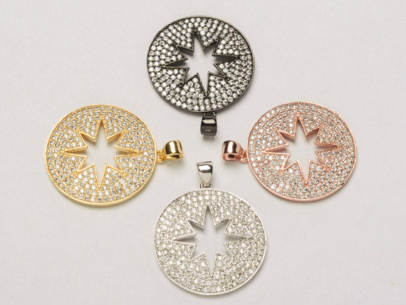25mm Cut Out Star Disc CZ Pave Pendant, Gold, Rose Gold, Rhodium, Gunmetal, Choose Color - BMP21 - BeadPrism