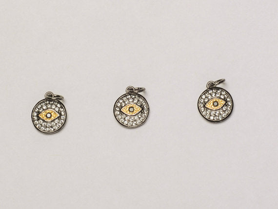 16mm Evil Eye Disc CZ Pave Pendant, Gold, Gunmetal finish AAA quality evil eye pave pendants - BMP24 - BeadPrism