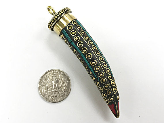 Tibetan HornTusk  Pendant, Turquoise Coral Inlay, Brass Inlay, Amulet pendant. - AP442 - BeadPrism