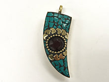 Load image into Gallery viewer, Tibetan Horn Tusk  Pendant, Turquoise Gold Inlay, Amulet pendant.Ethnic Pendant - AP436 - BeadPrism