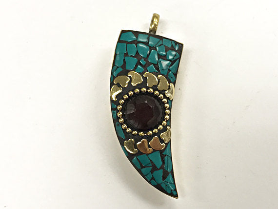 Tibetan Horn Tusk  Pendant, Turquoise Gold Inlay, Amulet pendant.Ethnic Pendant - AP436 - BeadPrism