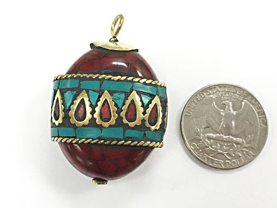 Tibetan Horn Tusk Pendant Turquoise Coral Brass Inlay, Amulet Pendant 45 x 30mm Choose Color - AP112 - BeadPrism