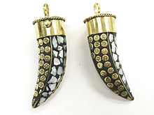 Load image into Gallery viewer, Tibetan Horn Pendant Mother of Pearl Inlay flower dotted brass design, Ethnic Amulet -AP100-MOP - BeadPrism