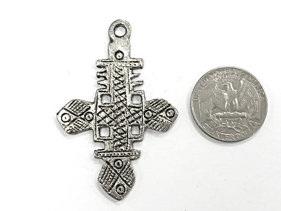 Silver Ethiopian Cross Pendant 2.2 Inch , Tribal Cross, Ethnic Brass cross Pendant- HP114AS - BeadPrism