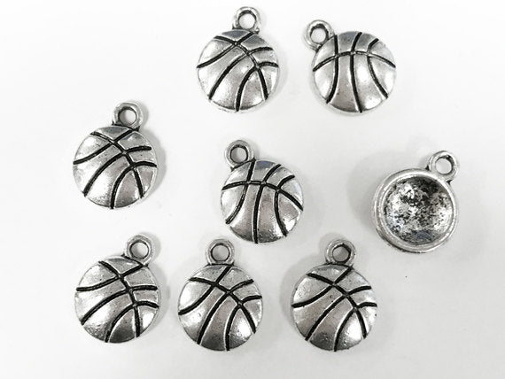 25 Pcs Silver Basketball Charms 14mm Pewter Antique Silver Finish, basket ball sports charms - PP166 - BeadPrism