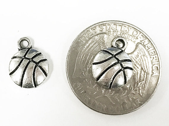 25 Pcs Silver Basketball Charms 14mm Pewter Antique Silver Finish, basket ball sports charms - PP166 - BeadPrism