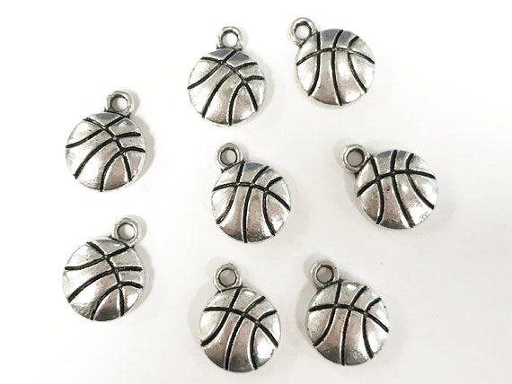 25 Pcs Silver Basketball Charms 14mm Pewter Antique Silver Finish, basket ball sports charms - PP166 - BeadPrism
