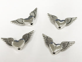 20 Pc Heart with Angel Wings Charm Bead 25mm, Antique Silver Finish Pewter, Angel wing Beads - PP161 - BeadPrism