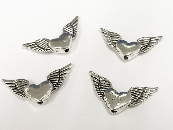 20 Pc Heart with Angel Wings Charm Bead 25mm, Antique Silver Finish Pewter, Angel wing Beads - PP161 - BeadPrism