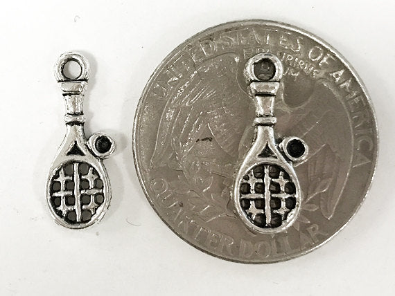 50 Pc Tennis Racket and Ball Charms 18mm, Antique Silver Pewter, silver tennis racket charms - PP156 - BeadPrism