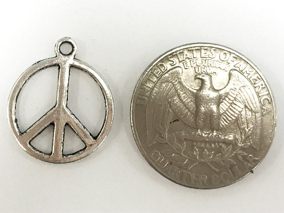 25 Pc Peace Sign Charms 21mm, Antique Silver Finish Pewter, Peace charms, silver charms - PP101 - BeadPrism