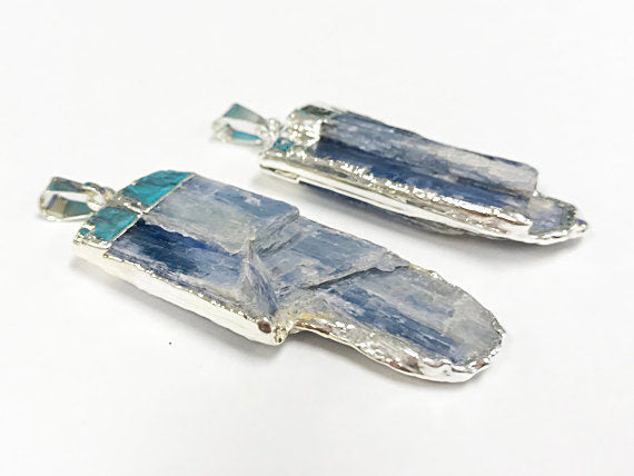 Blue Raw Kyanite silver edged pendants, 2" Approx. Silver edged kyanite pendants -DP595-KYS - BeadPrism