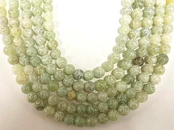 8mm Carved Jade Round, Full strand 48 Beads, Gemstone Beads, seafoam Green - SJA204 - BeadPrism