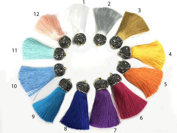 Jewelry Tassels Jewel Tones 65mm 2.75" Pave crystal cap thick Silk tassels Choose Colors - Tassel 11 - BeadPrism