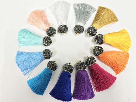 Jewelry Tassels Jewel Tones 65mm 2.75" Pave crystal cap thick Silk tassels Choose Colors - Tassel 11 - BeadPrism