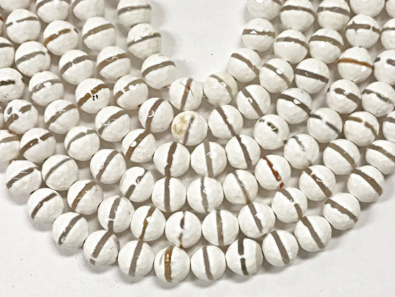 10mm Tibet Agate Hand Painted White Ivory Grey Gemstones faceted Full 15" Strand 38 Beads - SAGT356 - BeadPrism