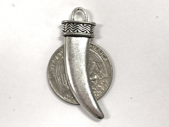 10 Pc Tusk Charm Silver, 42mm x 13mm, 1.5+", Pewter Horn tusk Charm Antique Silver Finish - PP179 - BeadPrism