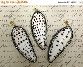 CZ Encrusted Carved Feather Shell Pendant 2.5 inch, 24mm x 63mm, Feather Pendants = AP404 - BeadPrism