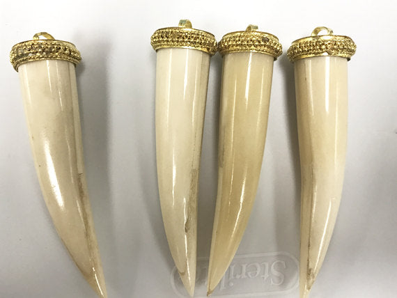 10 Pcs Bone Horn Tusk tooth Pendant with Brass Cap Antique ivory Extra Large 4 Inch - TP120-10 - BeadPrism
