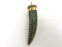 Load image into Gallery viewer, Tibetan HornTusk  Pendant, Turquoise Coral Inlay, Brass Inlay, Amulet pendant. - AP442 - BeadPrism