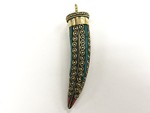 Tibetan HornTusk  Pendant, Turquoise Coral Inlay, Brass Inlay, Amulet pendant. - AP442 - BeadPrism