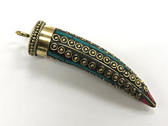 Tibetan HornTusk  Pendant, Turquoise Coral Inlay, Brass Inlay, Amulet pendant. - AP442 - BeadPrism