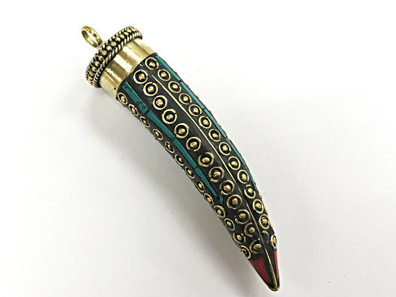 Tibetan HornTusk  Pendant, Turquoise Coral Inlay, Brass Inlay, Amulet pendant. - AP442 - BeadPrism