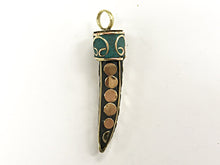 Load image into Gallery viewer, Tibetan HornTusk  Pendant, Turquoise Gold Inlay, Brass Inlay, Amulet pendant. - AP439 - BeadPrism