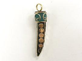 Tibetan HornTusk  Pendant, Turquoise Gold Inlay, Brass Inlay, Amulet pendant. - AP439 - BeadPrism