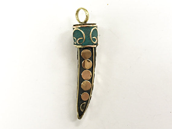 Tibetan HornTusk  Pendant, Turquoise Gold Inlay, Brass Inlay, Amulet pendant. - AP439 - BeadPrism