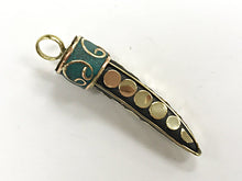 Load image into Gallery viewer, Tibetan HornTusk  Pendant, Turquoise Gold Inlay, Brass Inlay, Amulet pendant. - AP439 - BeadPrism