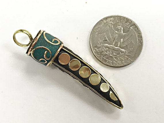 Tibetan HornTusk  Pendant, Turquoise Gold Inlay, Brass Inlay, Amulet pendant. - AP439 - BeadPrism