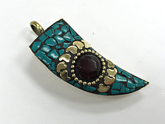 Tibetan Horn Tusk  Pendant, Turquoise Gold Inlay, Amulet pendant.Ethnic Pendant - AP436 - BeadPrism