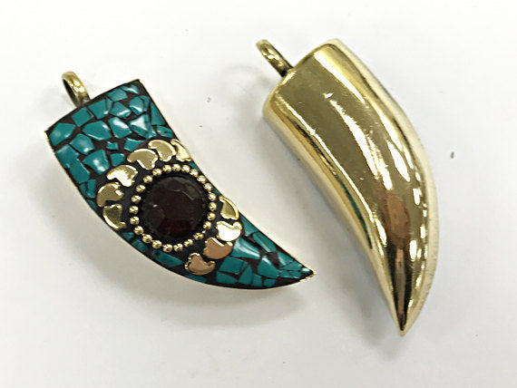 Tibetan Horn Tusk  Pendant, Turquoise Gold Inlay, Amulet pendant.Ethnic Pendant - AP436 - BeadPrism