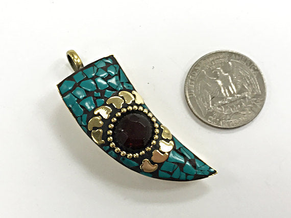 Tibetan Horn Tusk  Pendant, Turquoise Gold Inlay, Amulet pendant.Ethnic Pendant - AP436 - BeadPrism