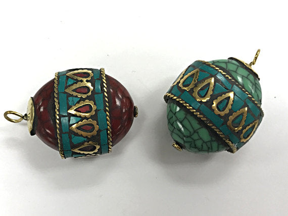 Tibetan Horn Tusk Pendant Turquoise Coral Brass Inlay, Amulet Pendant 45 x 30mm Choose Color - AP112 - BeadPrism