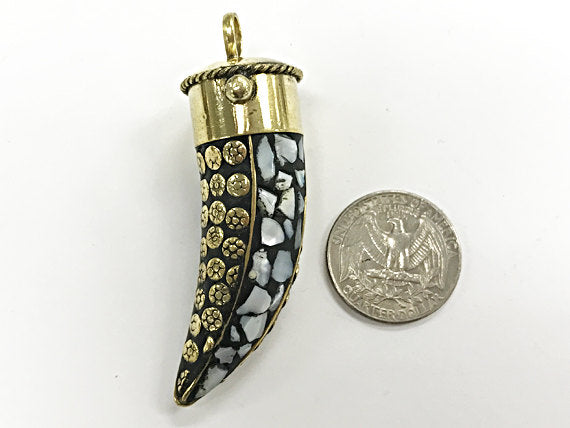 Tibetan Horn Pendant Mother of Pearl Inlay flower dotted brass design, Ethnic Amulet -AP100-MOP - BeadPrism