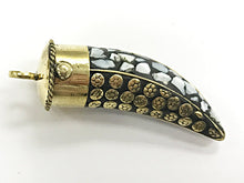 Load image into Gallery viewer, Tibetan Horn Pendant Mother of Pearl Inlay flower dotted brass design, Ethnic Amulet -AP100-MOP - BeadPrism