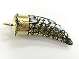 Tibetan Horn Pendant Mother of Pearl Inlay flower dotted brass design, Ethnic Amulet -AP100-MOP - BeadPrism
