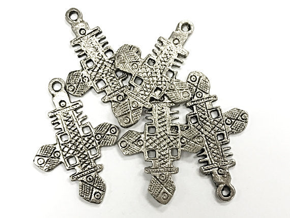 Silver Ethiopian Cross Pendant 2.2 Inch , Tribal Cross, Ethnic Brass cross Pendant- HP114AS - BeadPrism