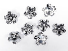 Load image into Gallery viewer, 25 Pc Thai Hill tribe Flower Charms 14mm, Antique Silver Pewter, karen Silver flower charms - PP112 - BeadPrism