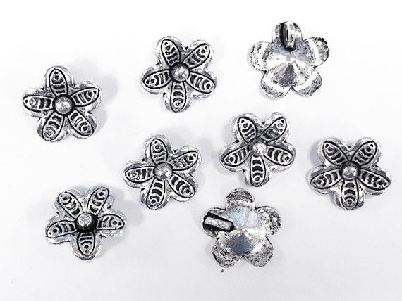 25 Pc Thai Hill tribe Flower Charms 14mm, Antique Silver Pewter, karen Silver flower charms - PP112 - BeadPrism